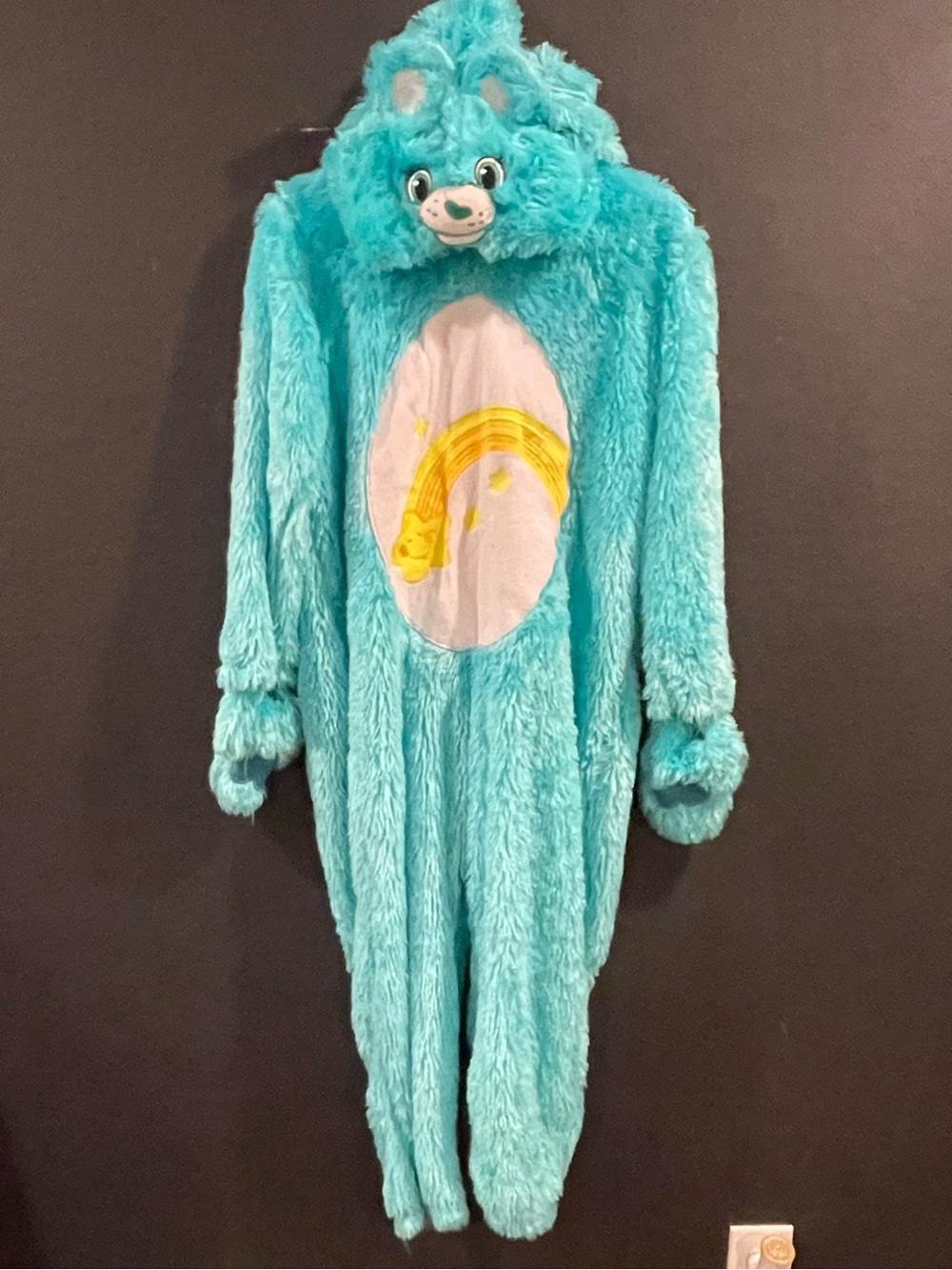 Care Bears Teal Plush Hooded Onesie with Yellow Rainbow Belly